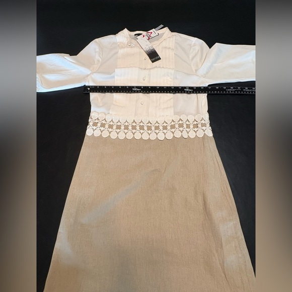 Kensie Linen & Rayon White and Tan Sheath Dress with Pleated Bishop Sleeves NWT - Picture 9 of 12